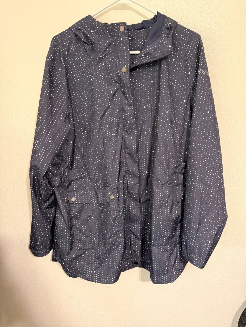 Columbia Rain Jacket Blue White Polka Dot Hooded Windbreaker Size 2X